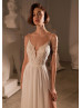 Beaded Ivory Lace Chiffon Slit Summer Wedding Dress